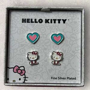 NIB Hello Kitty Sanrio 2 Pair Fine Silver Plate Stud Earrings Set in Gift Box